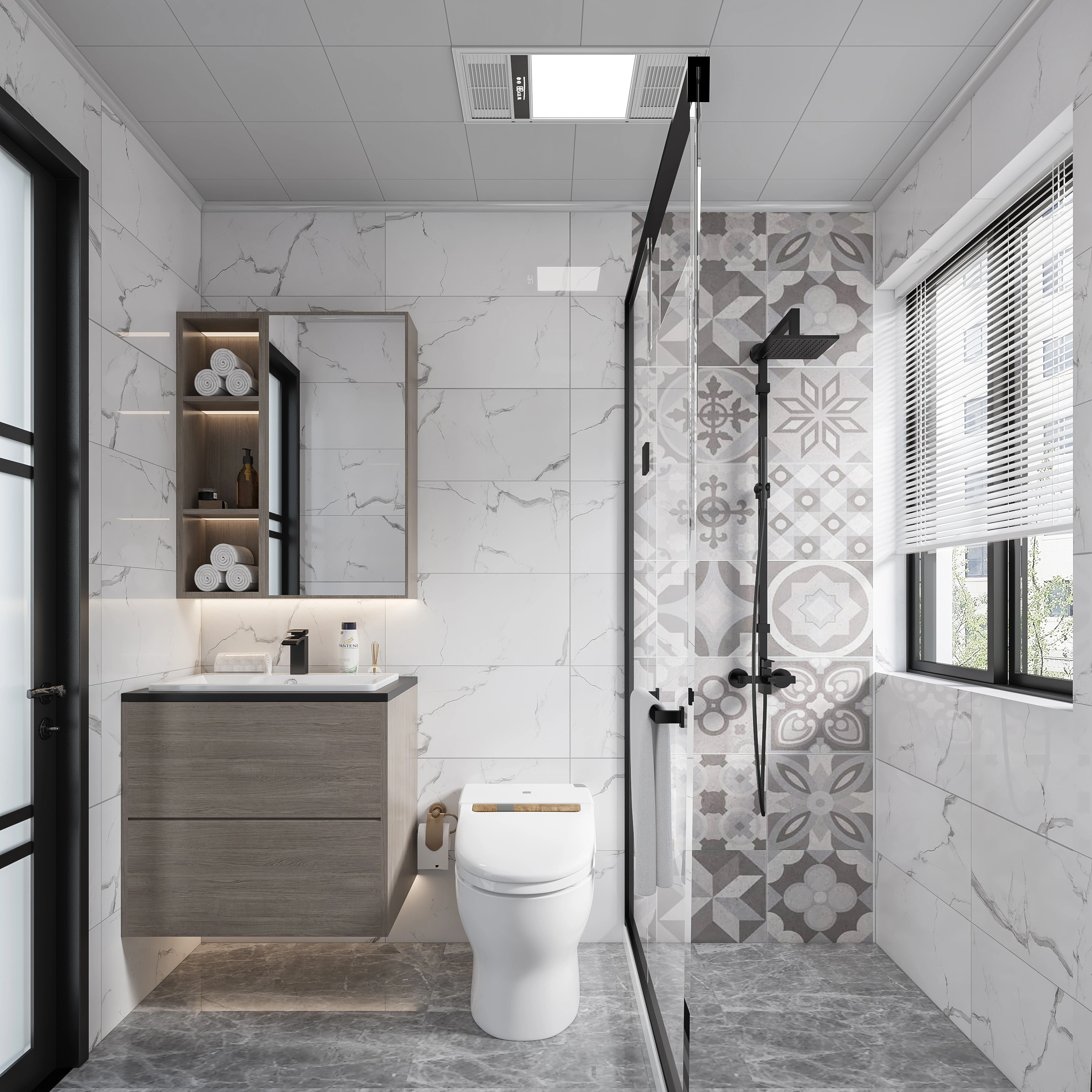 Marble bathroom with walk-in shower and double vanity
